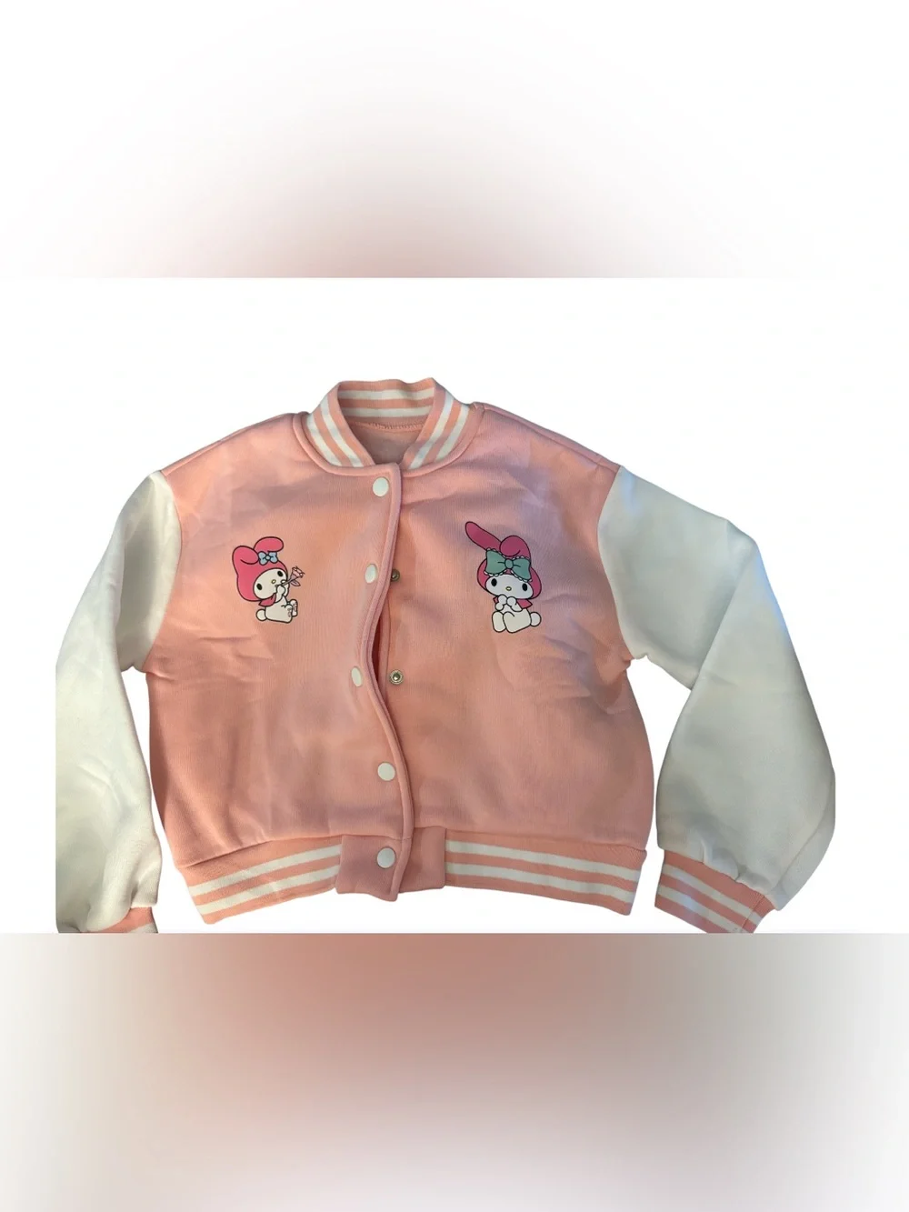 NWOT-9-10yY Kids Varsity Pink & White Cartoon Bomber Jacket